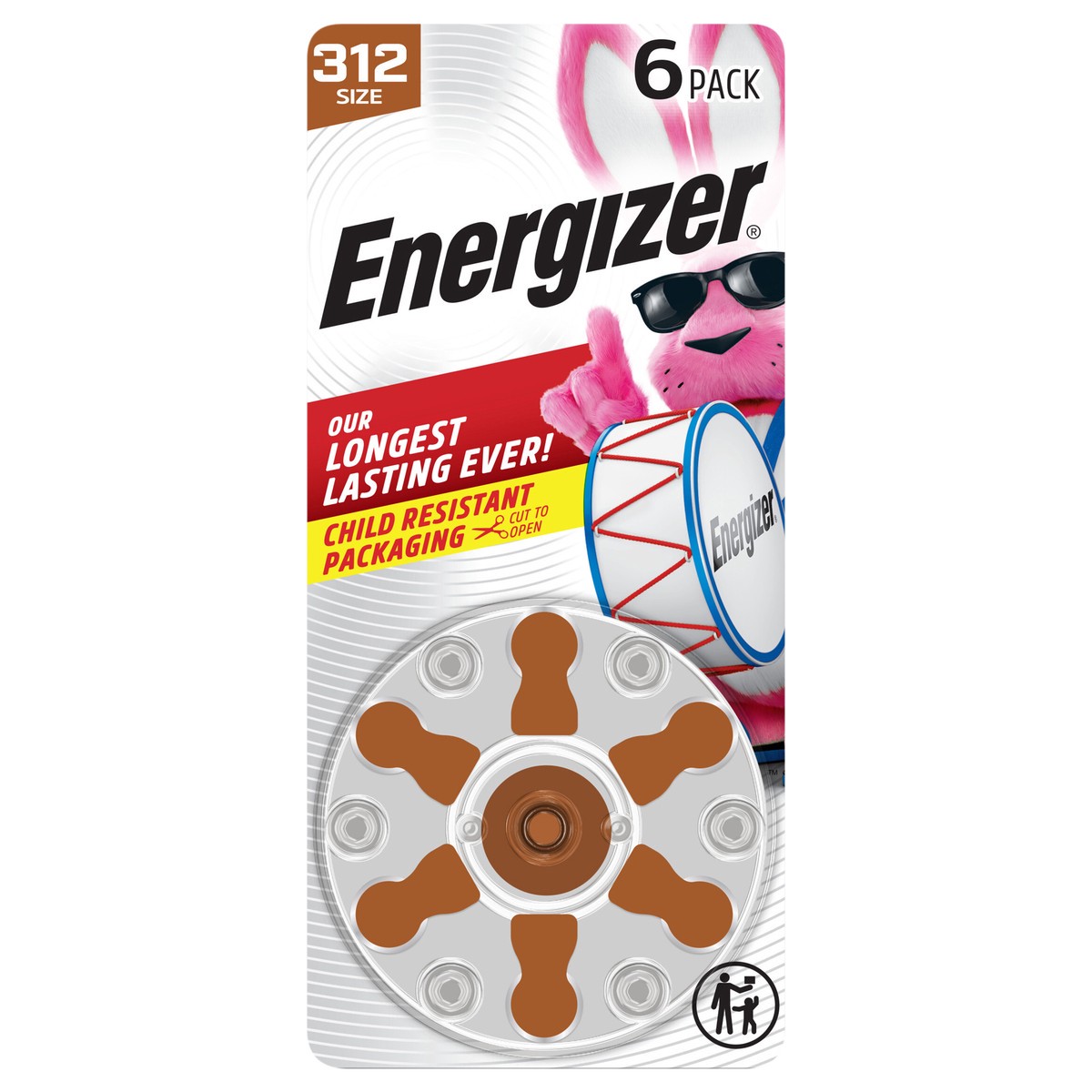 slide 1 of 5, Energizer Hearing Aid Batteries Size 312, Brown Tab, 6 Pack, 6 ct