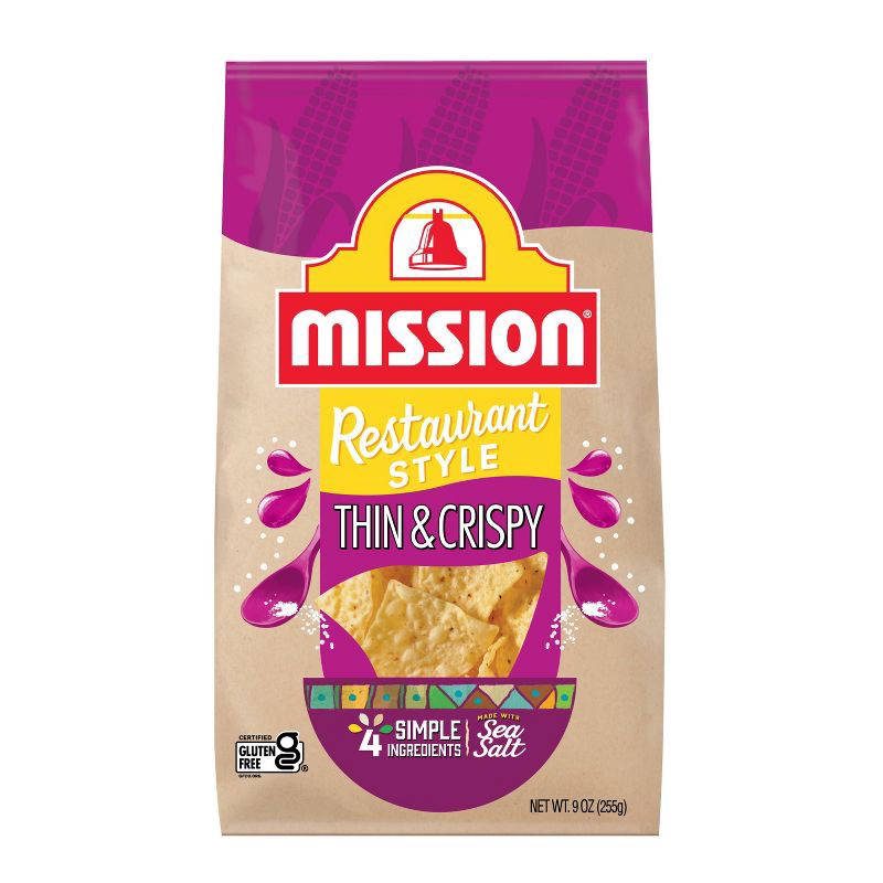 slide 1 of 7, Mission Thin & Crispy Yellow Corn Tortilla Chips - 9oz: Gluten-Free, Mild Spice, 9 oz