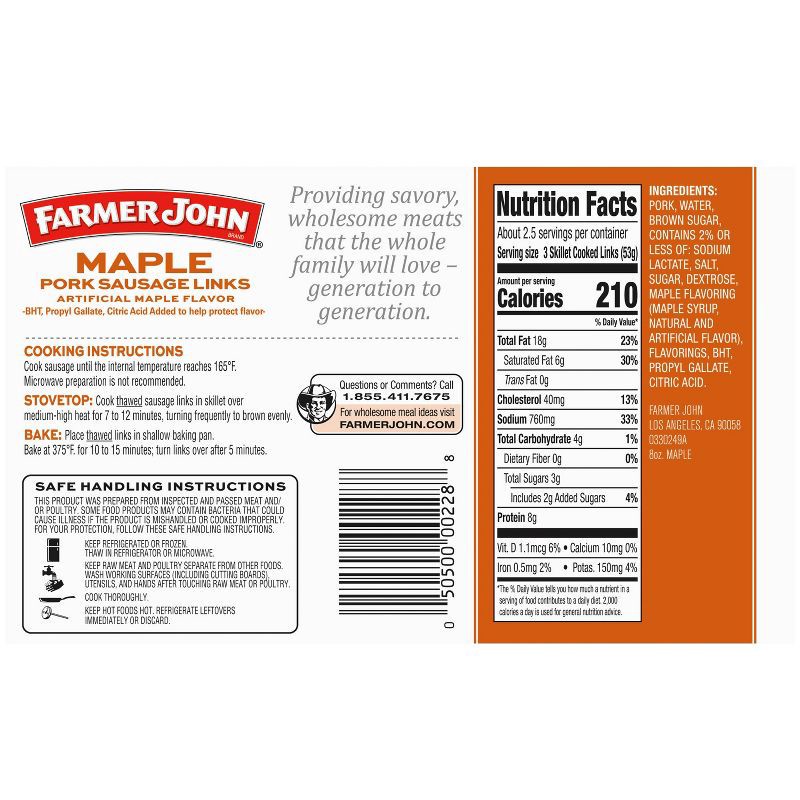 slide 2 of 3, Farmer John Maple Pork Sausage Links - 8oz/8ct, 8 ct; 8 oz