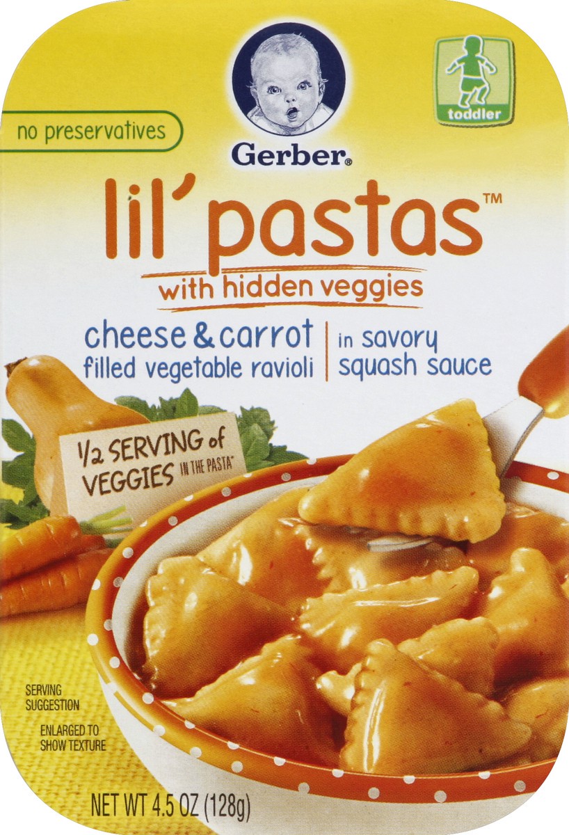 slide 4 of 4, Gerber Lil' Pastas with Hidden Veggies, Cheese and Carrot Filled Vegetable Ravioli in Savory Squash Sauce, 4.5 oz