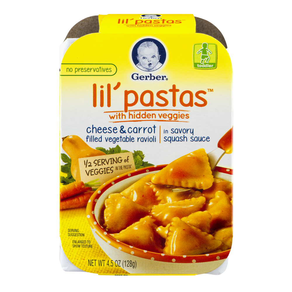 slide 1 of 4, Gerber Lil' Pastas with Hidden Veggies, Cheese and Carrot Filled Vegetable Ravioli in Savory Squash Sauce, 4.5 oz