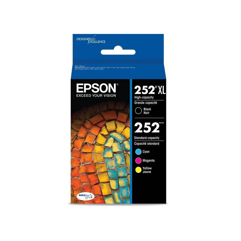 slide 1 of 6, Epson 252XL Black, 252 C/M/Y Combo 4pk Ink Cartridges - Black, Cyan, Magenta, Yellow (T252XL-BCS-CP), 4 ct