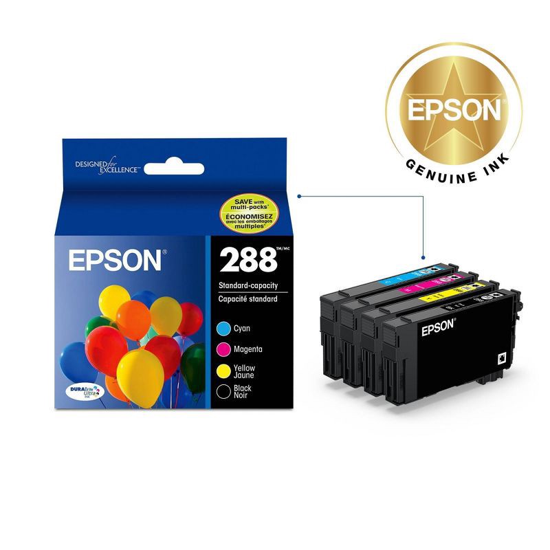 slide 2 of 6, Epson 288 Black, C/M/Y 4pk Combo Ink Cartridges - Black, Cyan, Magenta, Yellow (T288120-BCS): Standard Yield Printer Ink 4 Pack, 4 ct