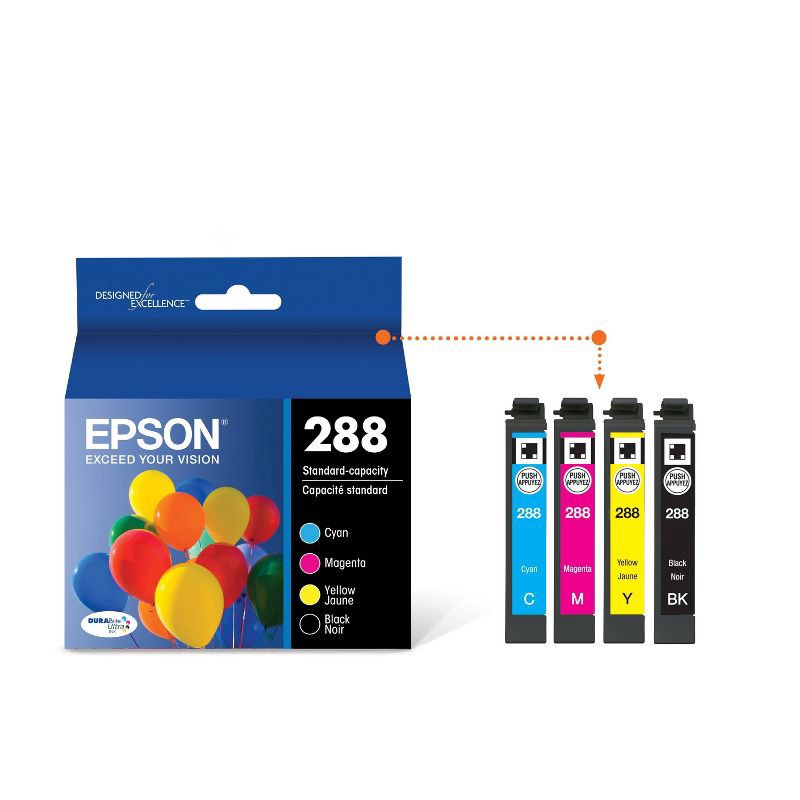 slide 2 of 6, Epson 288 Black, C/M/Y 4pk Combo Ink Cartridges - Black, Cyan, Magenta, Yellow (T288120-BCS), 4 ct