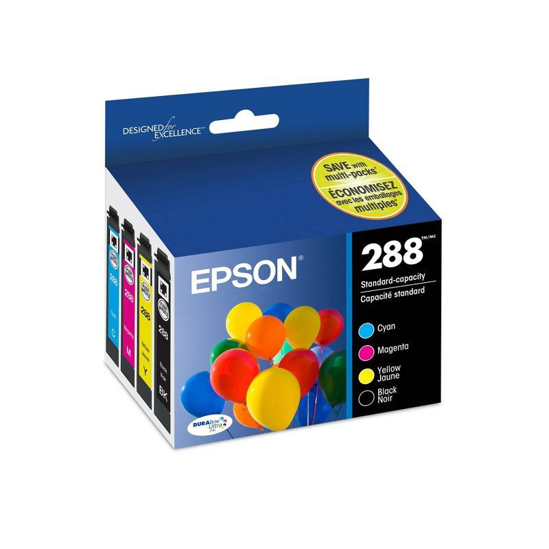 slide 1 of 6, Epson 288 Black, C/M/Y 4pk Combo Ink Cartridges - Black, Cyan, Magenta, Yellow (T288120-BCS): Standard Yield Printer Ink 4 Pack, 4 ct