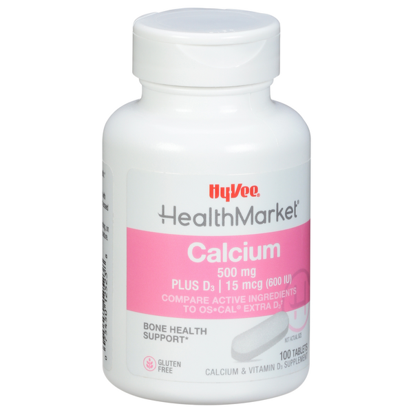 slide 1 of 1, Hy-Vee Healthmarket Calcium 500 + D3 Extra D3 Calcium Supplement Tablets, 100 ct