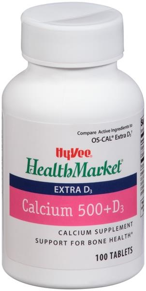 slide 1 of 1, Hy-Vee Healthmarket Calcium 500 + D3 Extra D3 Calcium Supplement Tablets, 100 ct