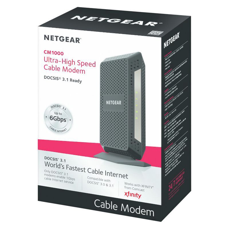 slide 5 of 5, Netgear Cable Modem - Black (CM1000-100NAS): Gigabit Ethernet, Cox, Spectrum, Xfinity Compatible, 1 ct