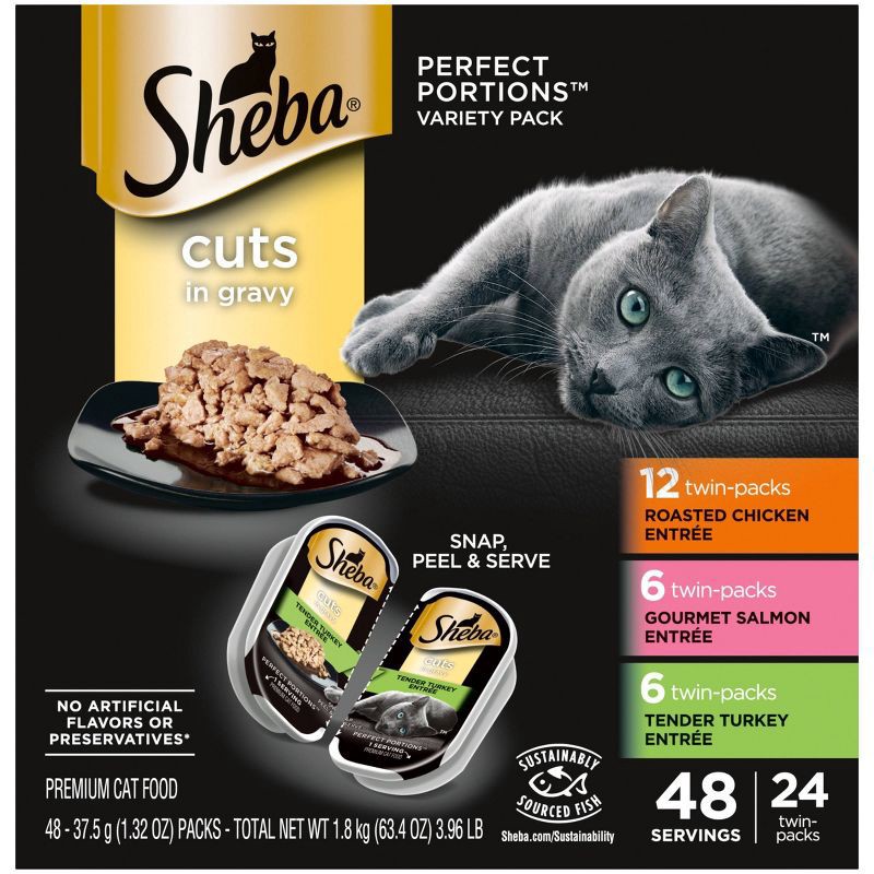 slide 2 of 10, Sheba Perfect Portions Cuts In Gravy Chicken, Salmon & Turkey Entrée Premium Wet Cat Food - 3.96lb/24ct Variety Pack, 3.96 lb, 24 ct