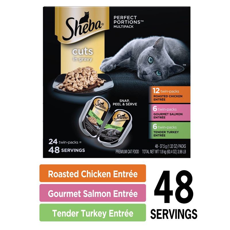 slide 6 of 10, Sheba Perfect Portions Cuts In Gravy Chicken, Salmon & Turkey Entrée Premium Wet Cat Food - 3.96lb/24ct Variety Pack, 3.96 lb, 24 ct