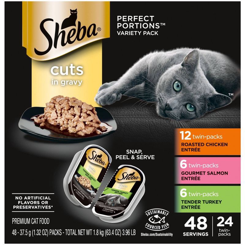 slide 1 of 10, Sheba Perfect Portions Cuts In Gravy Chicken, Salmon & Turkey Entrée Premium Wet Cat Food - 3.96lb/24ct Variety Pack, 3.96 lb, 24 ct