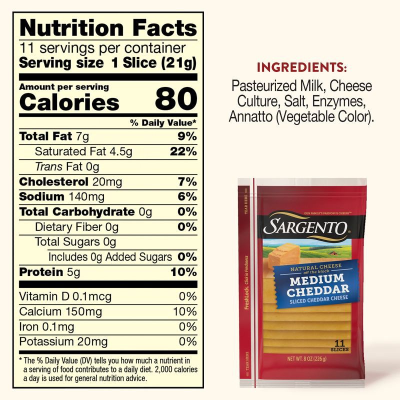 slide 3 of 8, Sargento Natural Medium Cheddar Sliced Cheese - 8oz/11 slices, 8 oz