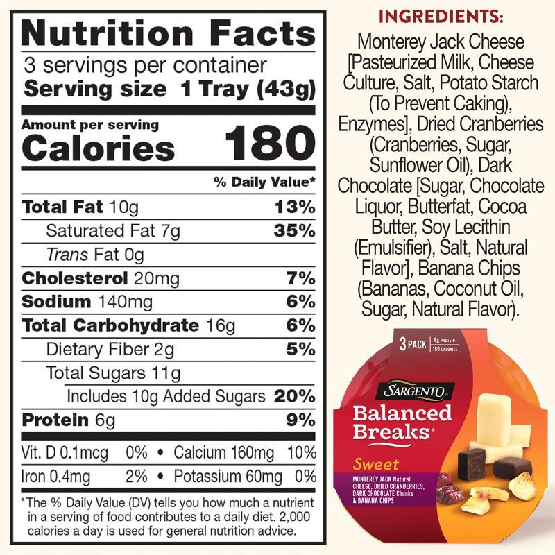 slide 4 of 7, Sargento Sweet Balanced Breaks Monterey Jack Cheese, Dried Cranberries, Dark Chocolate & Banana Chips - 4.5oz/3ct, 3 ct; 4.5 oz