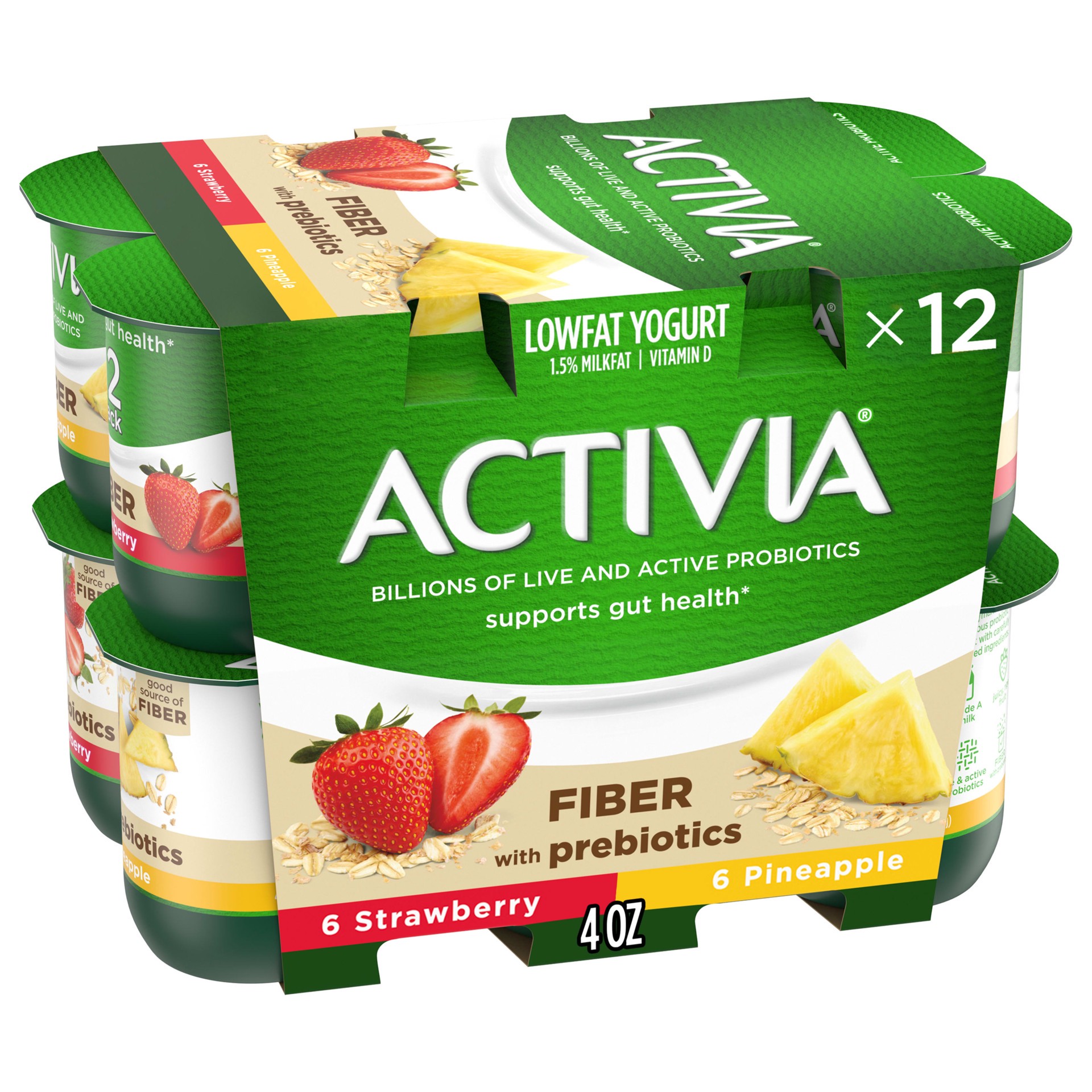 slide 1 of 5, Activia DANNON Low Fat Fiber Probiotic Strawberry & Pineapple Yogurt Variety Pack - 12ct/4oz Cups, 4 oz