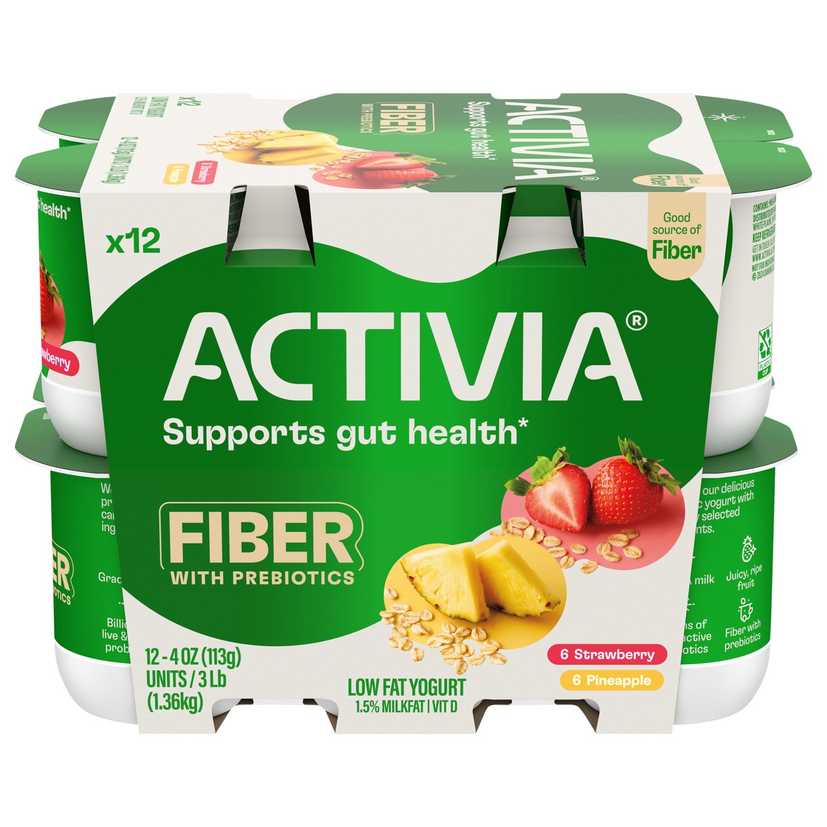 slide 1 of 5, Activia Fiber Strawberry and Pineapple Probiotic Yogurt, Low Fat Yogurt Cups, Variety Pack, 4 OZ, 12 Ct, 12 ct