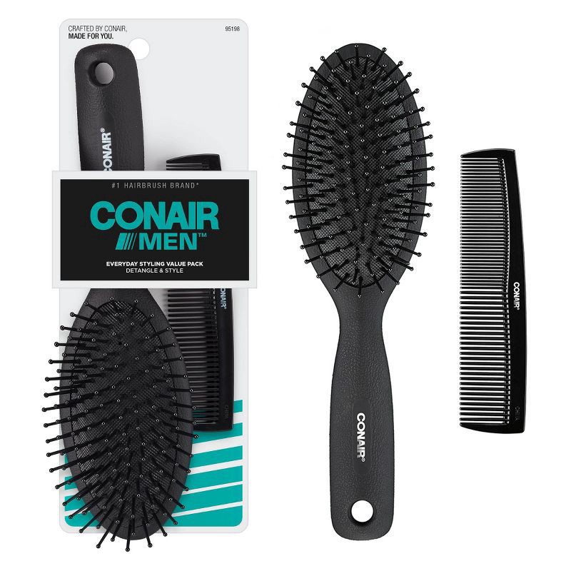 slide 1 of 6, Conair for Men Black Cushion Hairbrush & Combo Set - 2ct, 2 ct