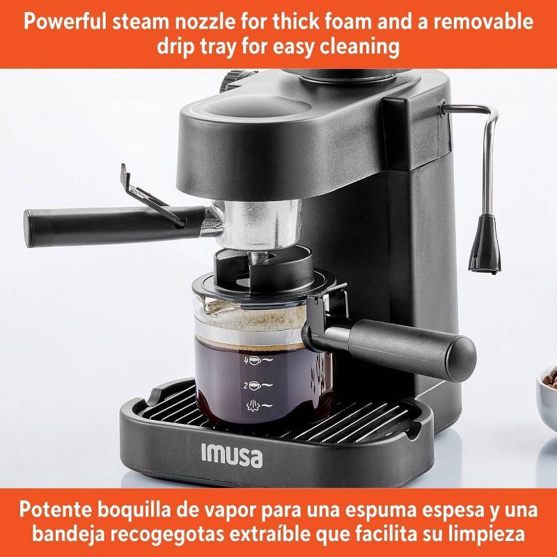 slide 4 of 7, IMUSA 4 Cup Electric Espresso/Cappuccino Maker 800 Watts - Black: Milk Frother, Glass Carafe, Removable Filter Basket, 1 ct