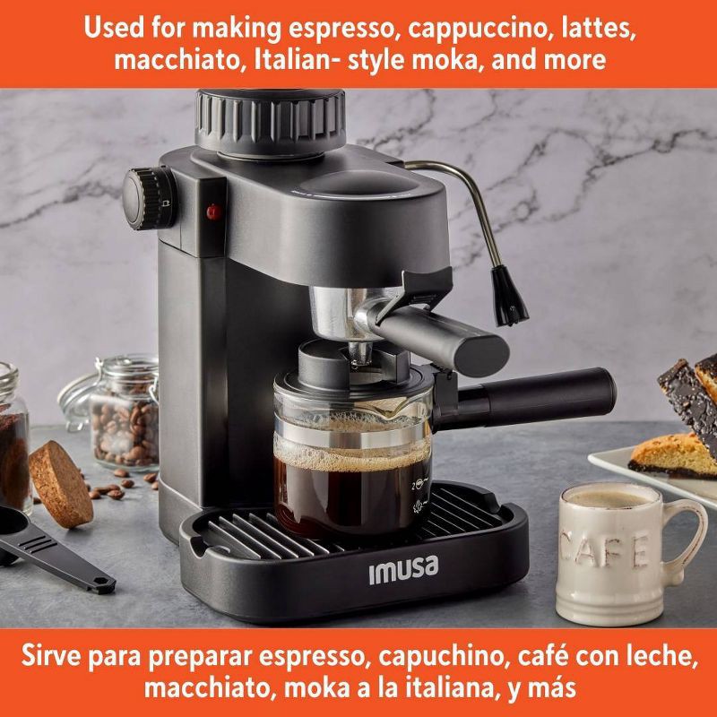 slide 6 of 7, IMUSA 4 Cup Electric Espresso/Cappuccino Maker 800 Watts - Black: Milk Frother, Glass Carafe, Removable Filter Basket, 1 ct