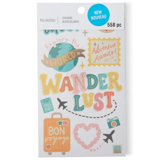 slide 1 of 5, Wanderlust Stickers By Recollections, 3.75 in x 6.75 in