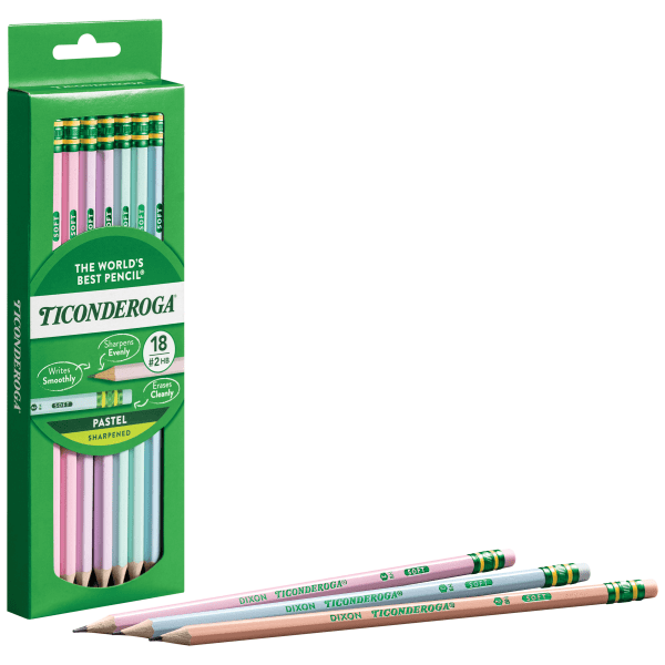 slide 4 of 5, Ticonderoga Wood-Cased Pencils, Pre-Sharpened, #2 HB Soft, Pastel Colors, 18 Count, 18 ct