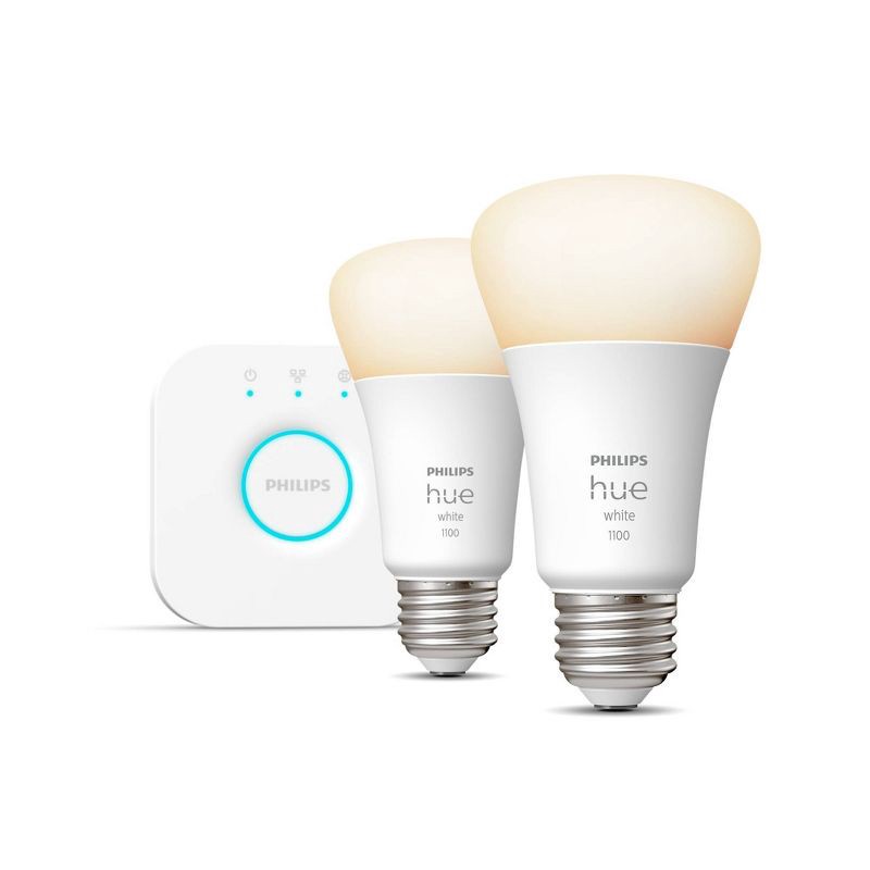 slide 2 of 8, Philips Hue 2pk A19 LED Starter Kit with Bridge White: Energy Star Certified, Dimmable, 1100 Lumens, 22-Year Bulb Life, 2 ct