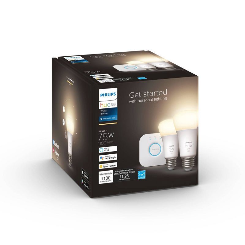 slide 3 of 8, Philips Hue 2pk A19 LED Starter Kit with Bridge White: Energy Star Certified, Dimmable, 1100 Lumens, 22-Year Bulb Life, 2 ct