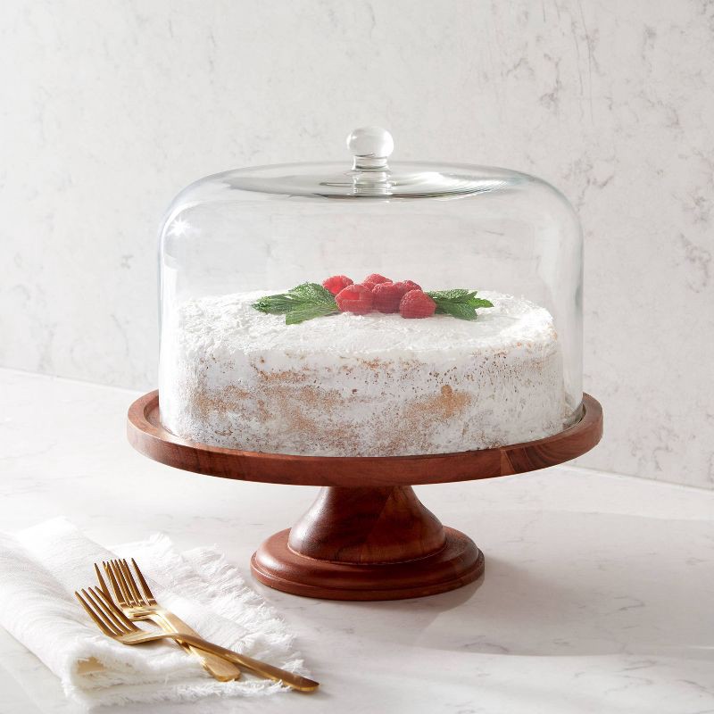 slide 2 of 3, Round Glass & Wood Dessert Stand - Threshold™: Traditional Cupcake Display with Clear Glass Lid, 1 ct