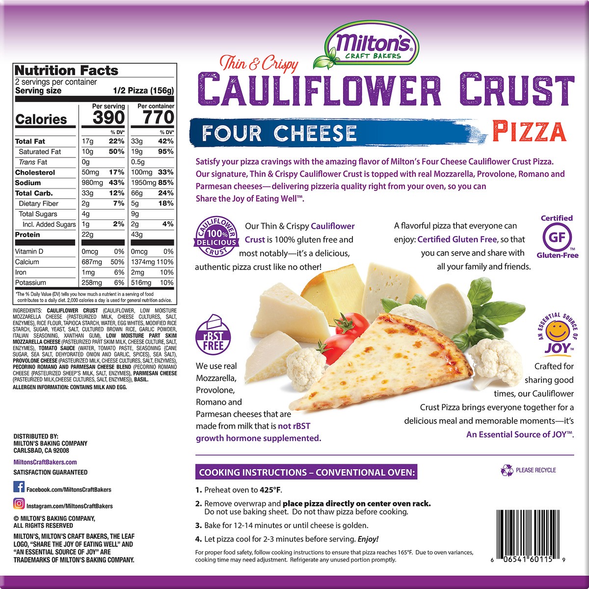 slide 10 of 10, Milton's Pizza, Cauliflower Crust, Thin & Crispy, Four Cheese, 11 oz