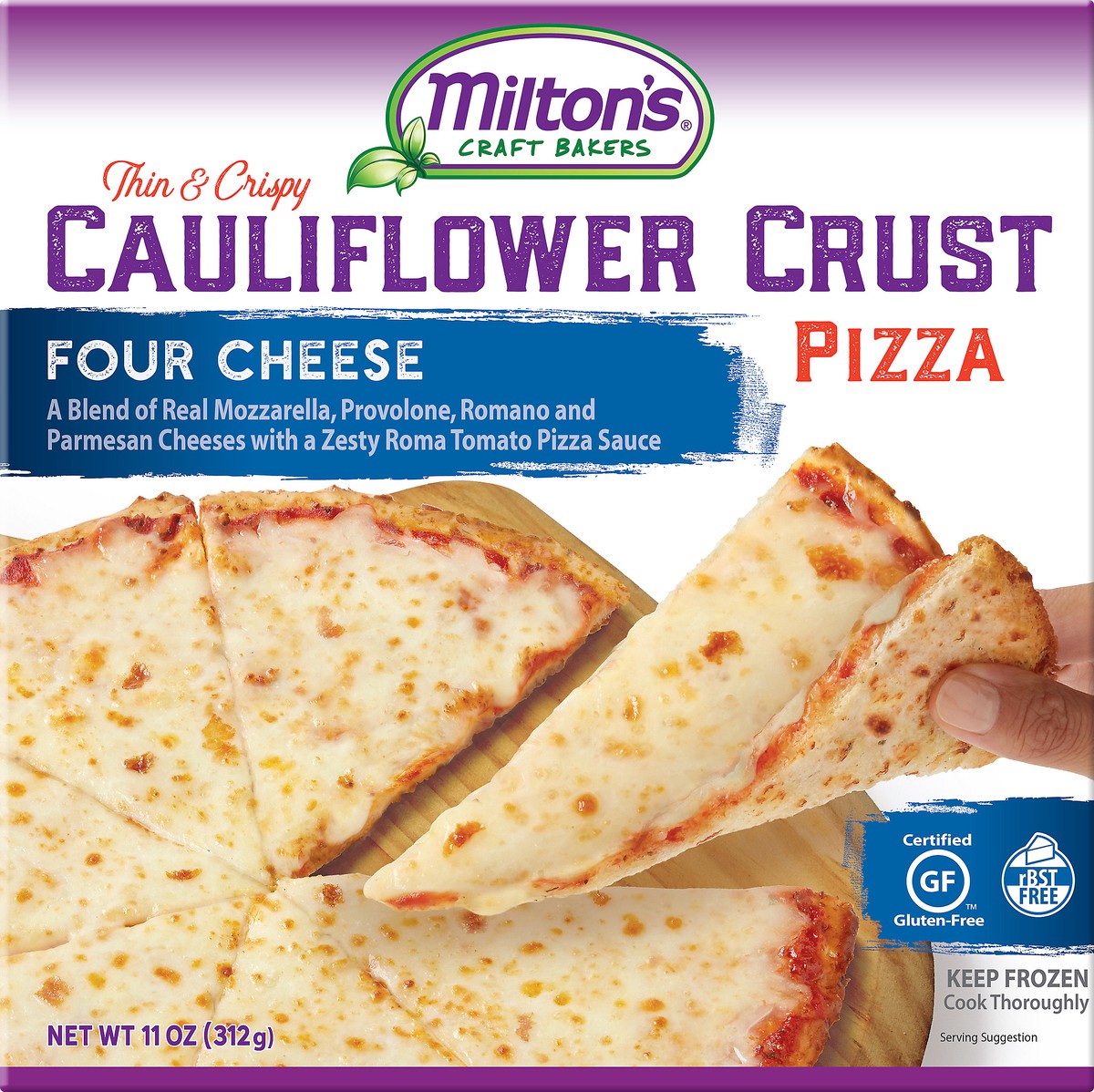 slide 5 of 10, Milton's Pizza, Cauliflower Crust, Thin & Crispy, Four Cheese, 11 oz