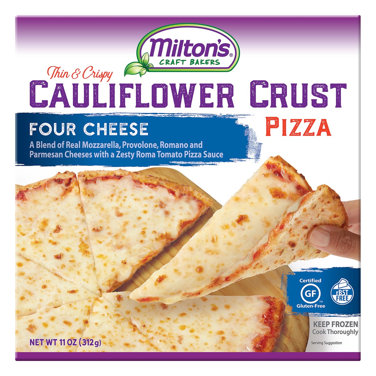 slide 2 of 10, Milton's Pizza, Cauliflower Crust, Thin & Crispy, Four Cheese, 11 oz
