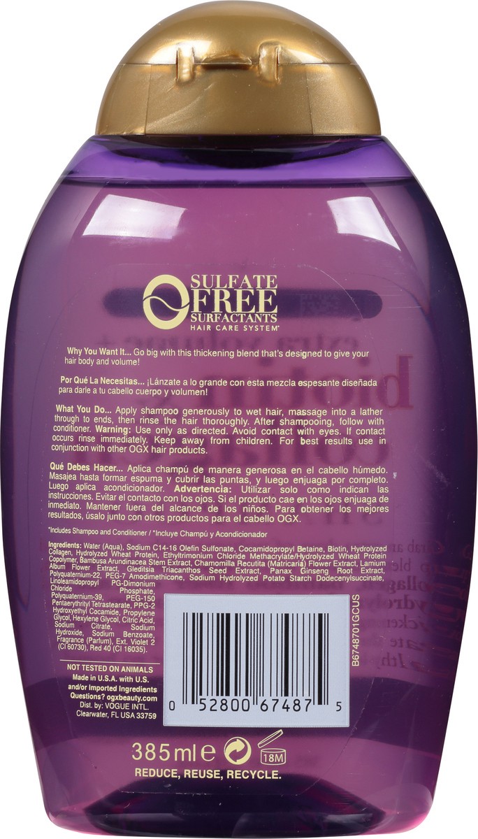 slide 4 of 9, OGX Thick & Full + Biotin & Collagen Extra Strength Volumizing Shampoo with Vitamin B7 & Hydrolyzed Wheat Protein for Fine Hair. Sulfate-Free Surfactants for Thicker, Fuller Hair, 13 Fl Oz, 13 fl oz