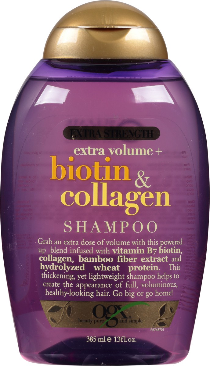 slide 5 of 9, OGX Thick & Full + Biotin & Collagen Extra Strength Volumizing Shampoo with Vitamin B7 & Hydrolyzed Wheat Protein for Fine Hair. Sulfate-Free Surfactants for Thicker, Fuller Hair, 13 Fl Oz, 13 fl oz