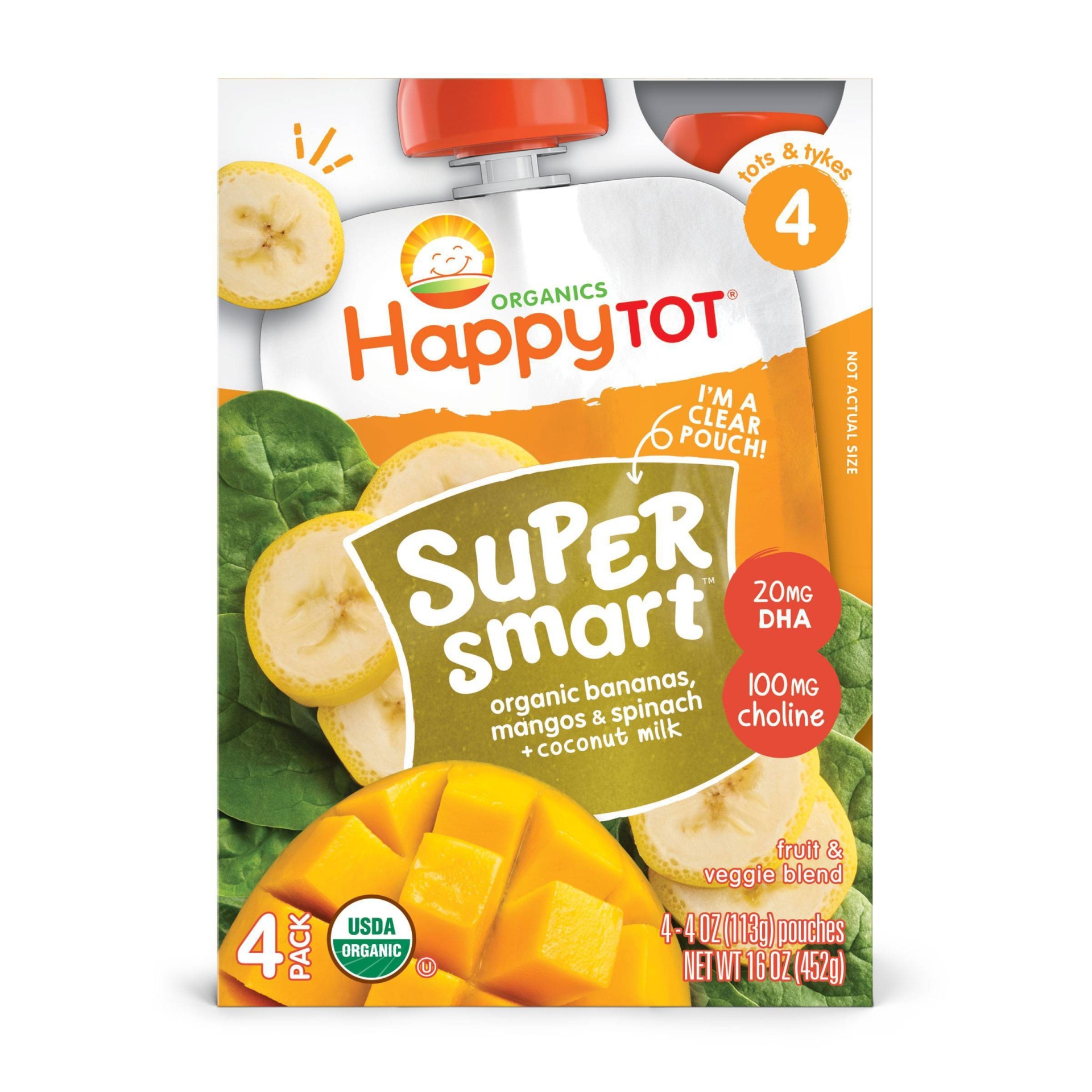 slide 1 of 4, Happy Family HappyTot Super Smart Organic Bananas Mangos & Spinach with Coconut Milk, 4 ct, 16 oz