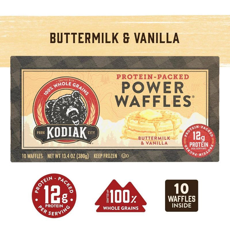 slide 2 of 9, Kodiak Cakes Kodiak Frozen Power Waffles Buttermilk & Vanilla -13.4oz/10ct, 13.4 oz, 10 ct