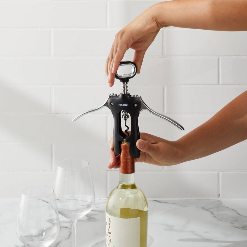 slide 4 of 6, Houdini Winged Corkscrew: Manual Wine & Bottle Opener, Dishwasher-Safe, Black, ABS & Steel, 8.13" Height, 1 ct