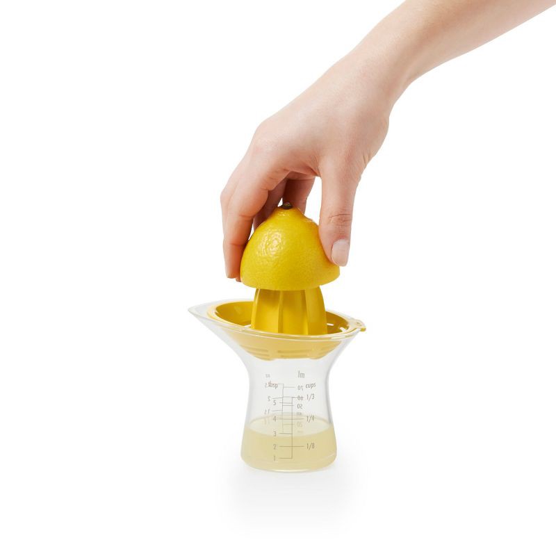 slide 4 of 9, OXO Small Citrus Reamer: Yellow Plastic Juicer, Dishwasher-Safe, 5" Height, 3.6" Width & Depth, 1 ct