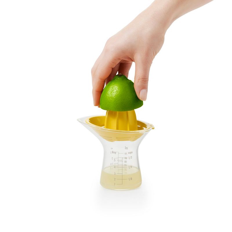 slide 5 of 9, OXO Small Citrus Reamer: Yellow Plastic Juicer, Dishwasher-Safe, 5" Height, 3.6" Width & Depth, 1 ct