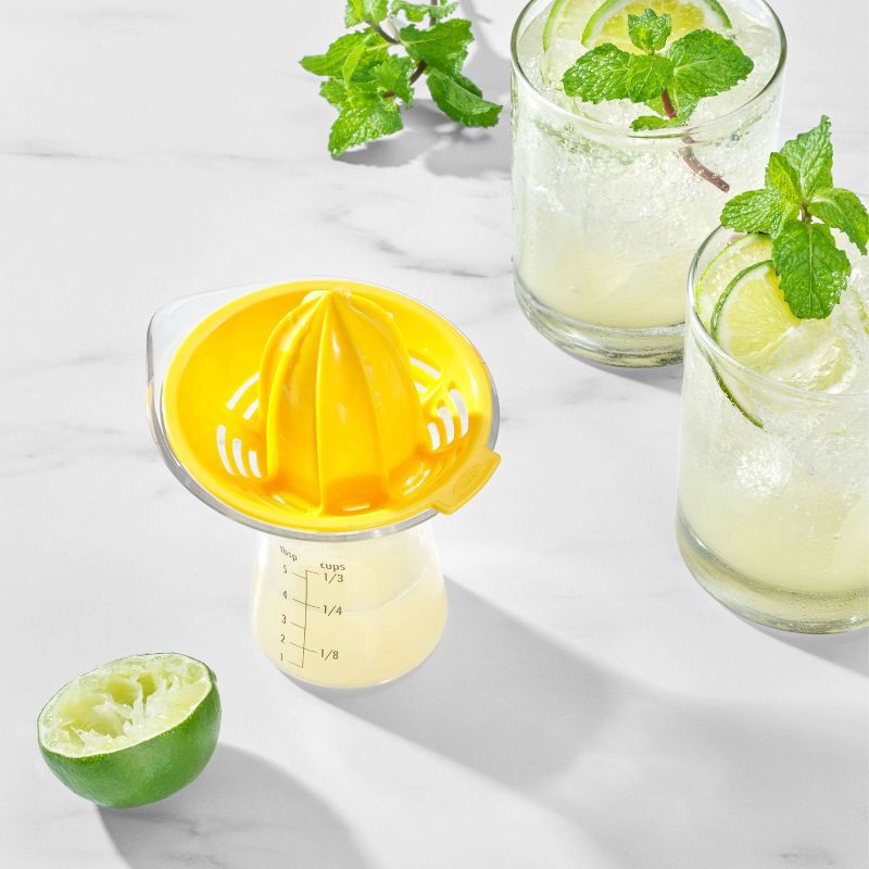 slide 9 of 9, OXO Small Citrus Reamer: Yellow Plastic Juicer, Dishwasher-Safe, 5" Height, 3.6" Width & Depth, 1 ct
