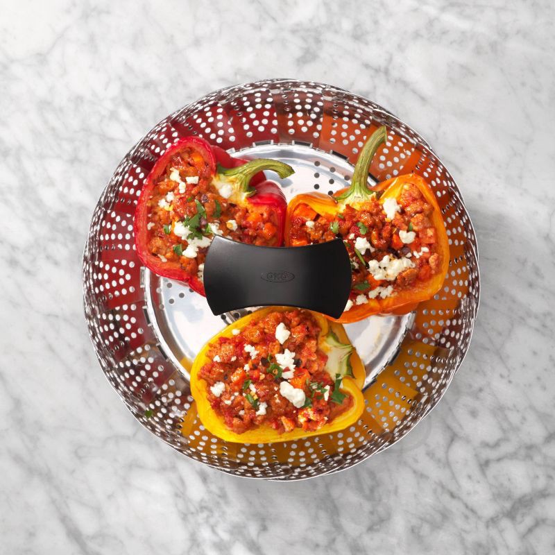 slide 12 of 13, OXO Stainless Steel Steamer with Extendable Handle: Best Kitchen & Vegetable Steamer Basket, Dishwasher-Safe, Silver, 1 ct