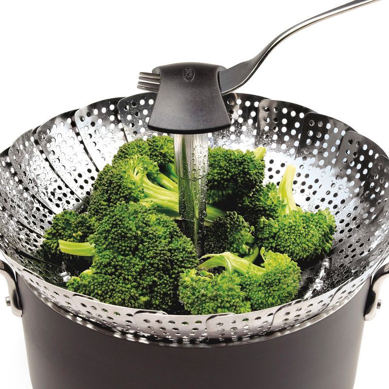 slide 7 of 13, OXO Stainless Steel Steamer with Extendable Handle: Best Kitchen & Vegetable Steamer Basket, Dishwasher-Safe, Silver, 1 ct