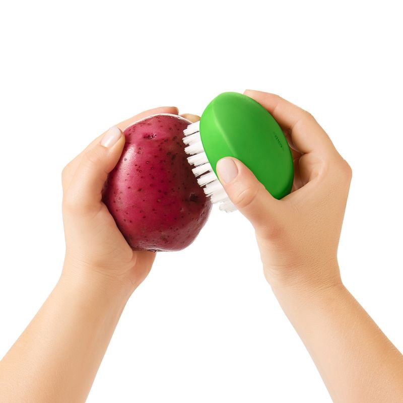 slide 4 of 5, OXO Vegetable Brush: Green Polypropylene Veggie Scrubber for Potatoes & More, 1 ct
