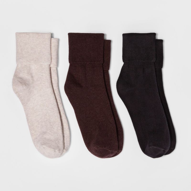 slide 1 of 2, Women's Mary Jane Fold Over Cuff 3pk Crew Socks - A New Day™ Brown Heather 4-10, 3 ct
