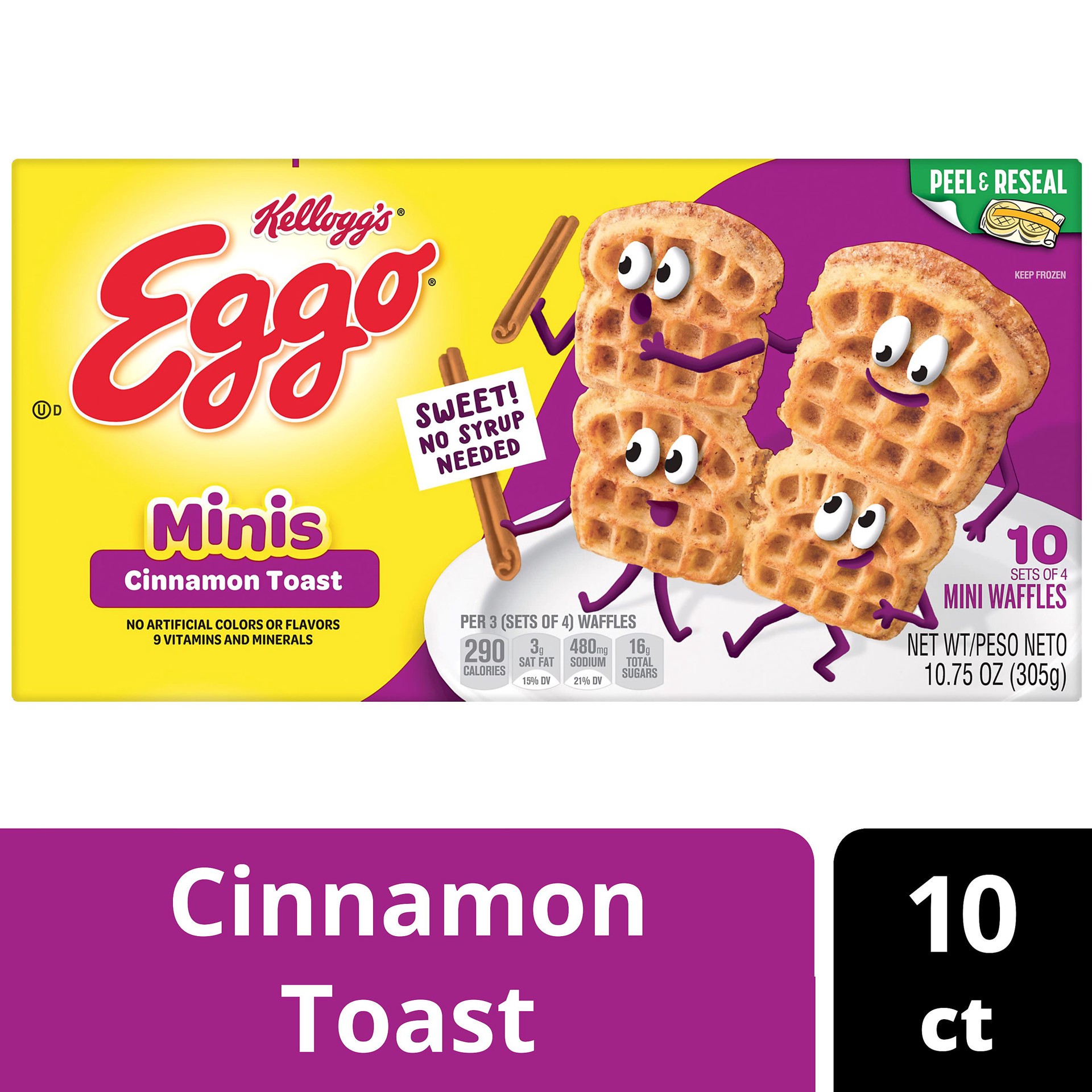 slide 1 of 5, Eggo Minis Frozen Waffle Bites, Frozen Breakfast, Breakfast Food, Cinnamon Toast, 10.75oz Box, 10 Waffles, 10.75 oz