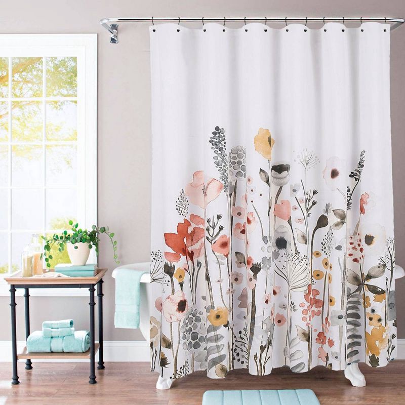 slide 2 of 4, Floral Wave Shower Curtain White - Threshold™: Cotton Fabric, Botanical Design, Machine Washable, 1 ct