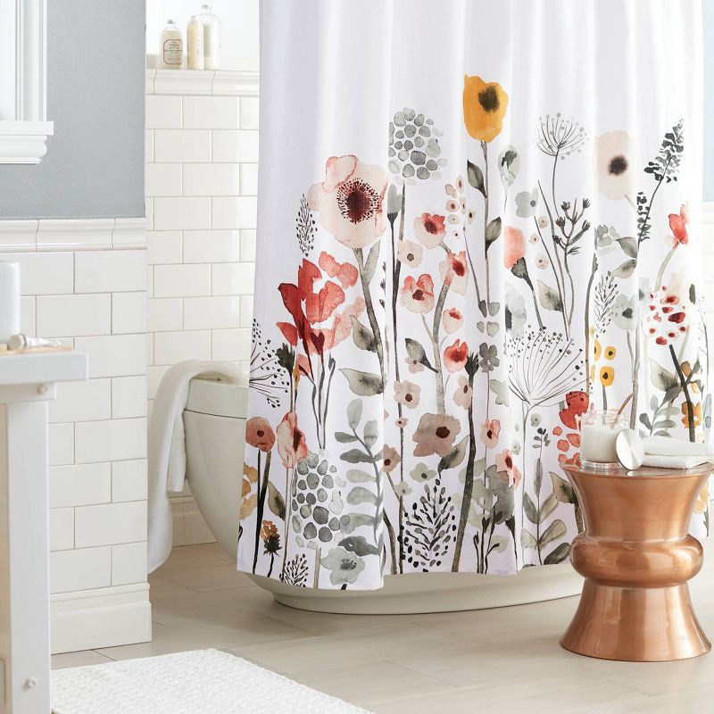 slide 3 of 4, Floral Wave Shower Curtain White - Threshold™: Cotton Fabric, Botanical Design, Machine Washable, 1 ct