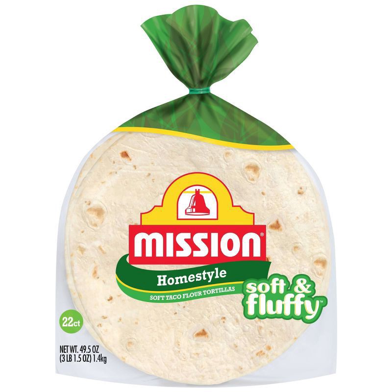 slide 1 of 3, Mission Soft & Fluffy Homestyle Flour Tortillas, Soft Taco Size, 22 Count, 22 ct