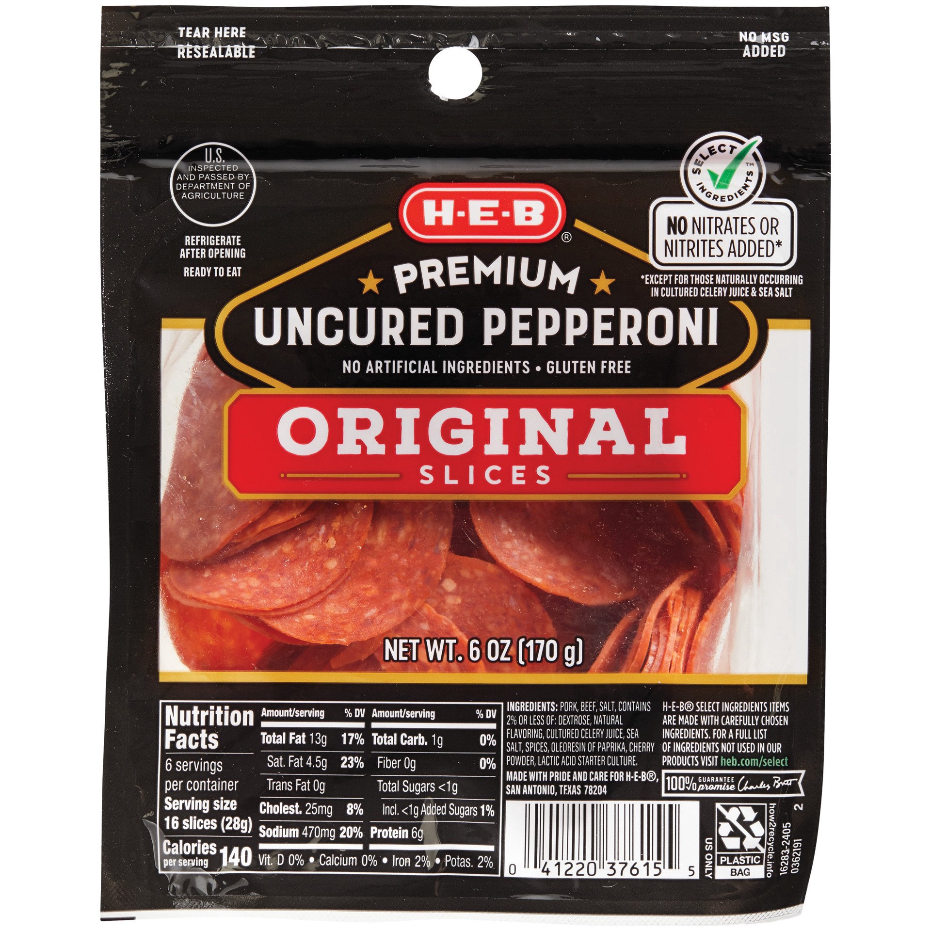 slide 1 of 1, H-E-B Premium Uncured Pepperoni Slices - Original, 6 oz