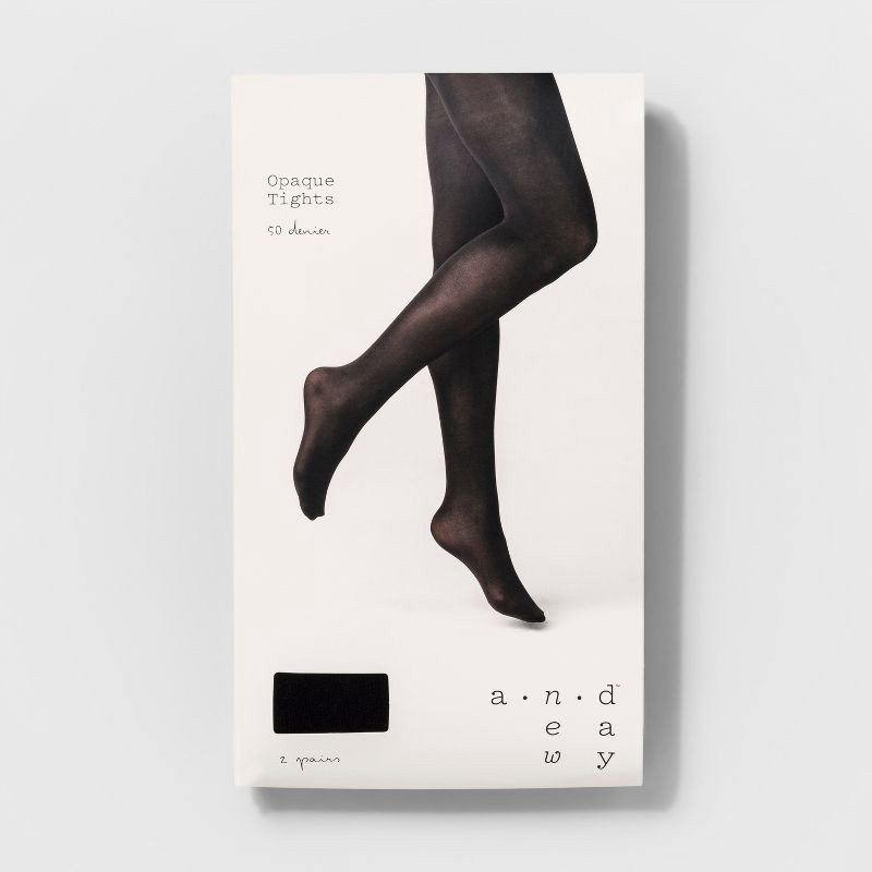 slide 2 of 2, Women's 2pk 50D Opaque Tights - A New Day™ Black L/XL: High Waisted, Nylon-Spandex Blend, Tagless, Closed Toe, Hand Wash, 2 ct