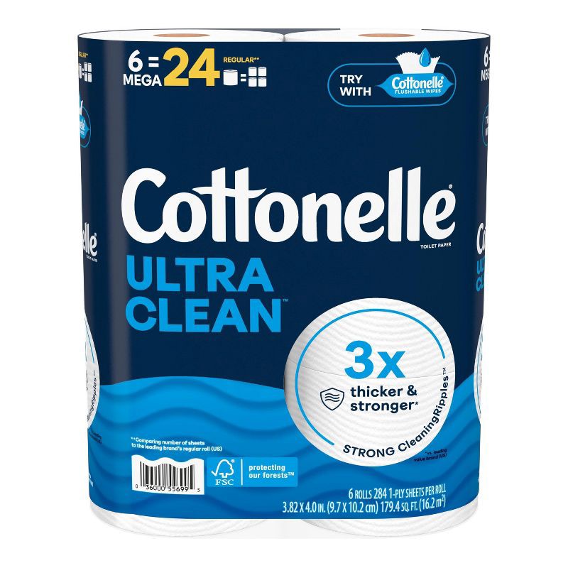 slide 2 of 8, Cottonelle Ultra Clean Strong Toilet Paper - 6 Mega Rolls, 1 ct