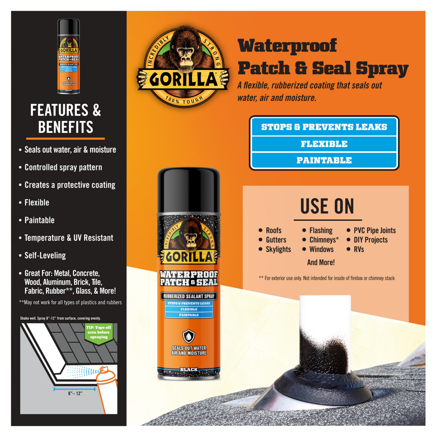 slide 3 of 3, Gorilla Glue Waterproof Patch & Seal Spray, Black, 16 oz